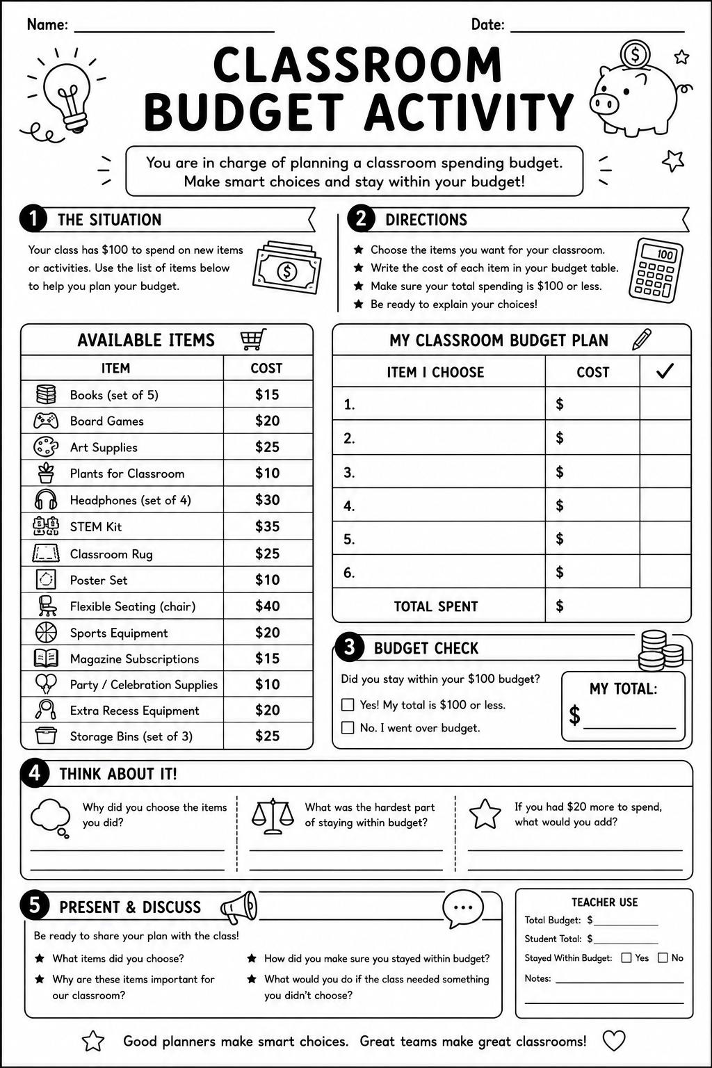 Classroom Budget Activity printable preview
