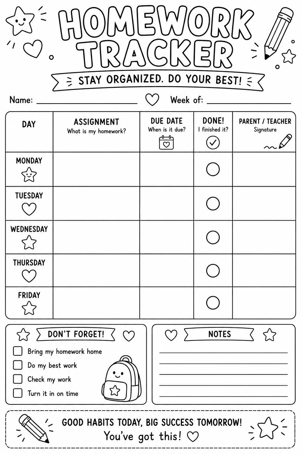 Homework Tracker printable preview