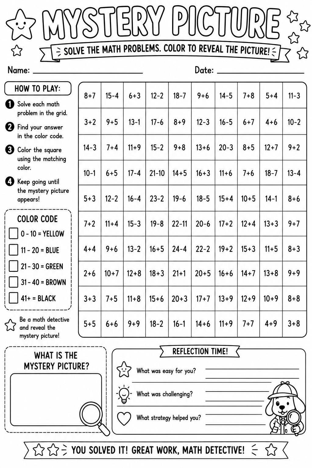 Mystery picture math printable preview