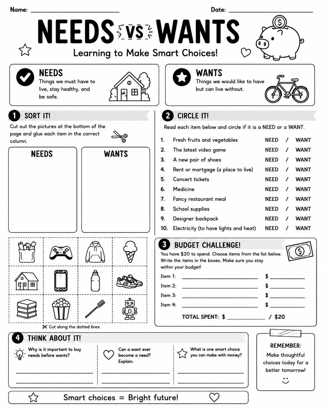 Needs vs Wants printable activity preview