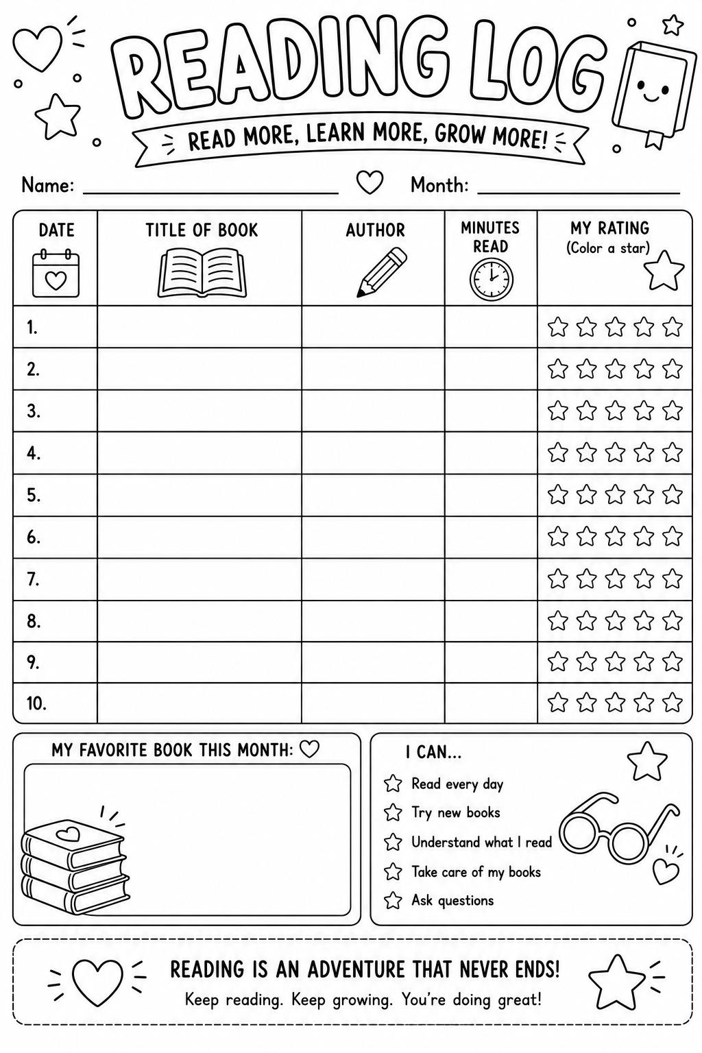 Reading Log printable preview