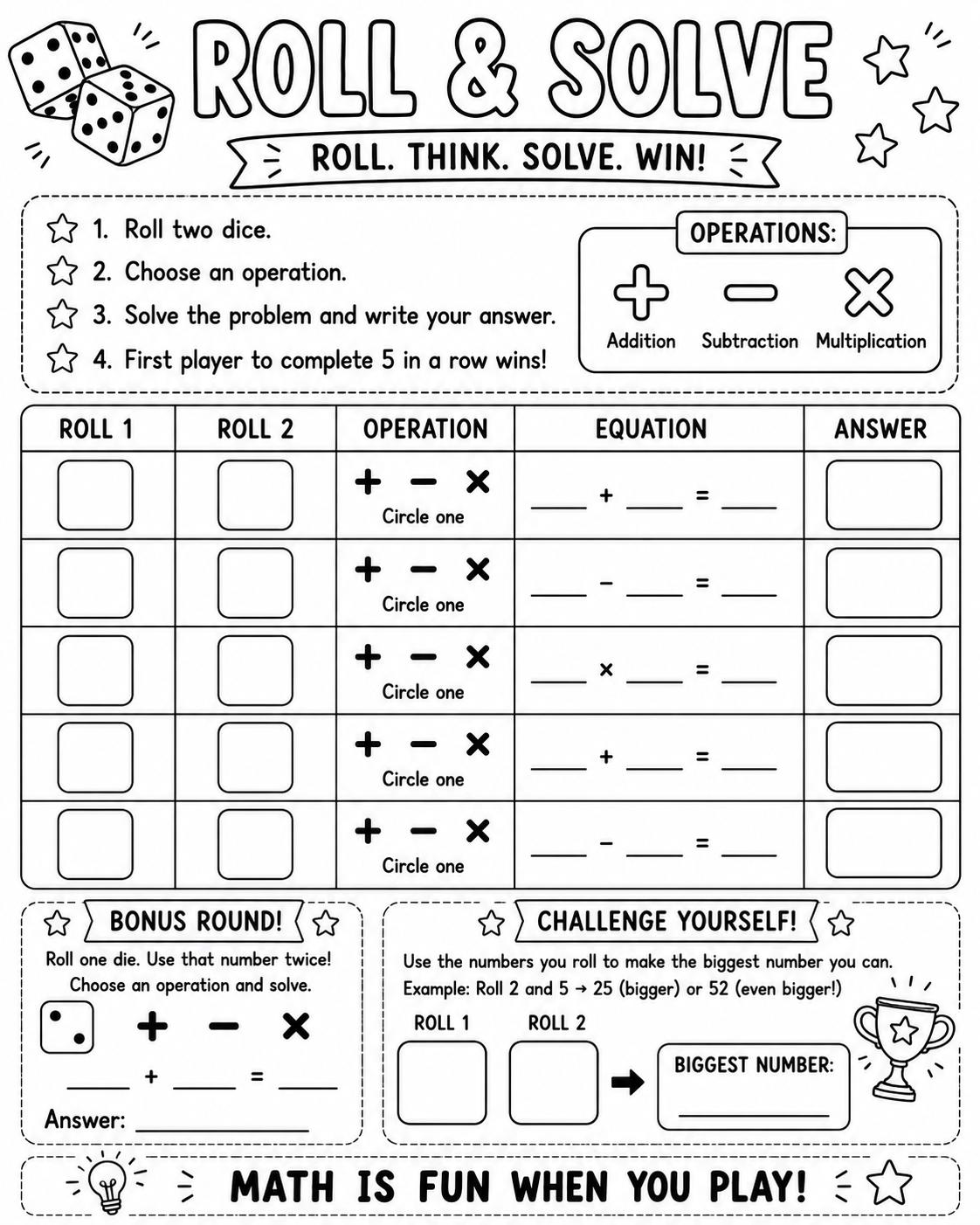 Roll and solve math printable preview